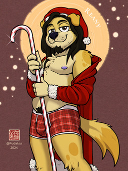 anthro biped black_nose boxer_briefs brown_eyes candy candy_cane christmas_clothing christmas_headwear claws clothed clothed_anthro clothed_male clothing colored_seam_boxer_briefs colored_seam_underwear dessert facial_hair flirting flirting_look flirting_with_viewer floppy_ears food fur goatee hair hat headgear headwear holidays long_hair looking_at_viewer male male_anthro markings pantsless pantsless_anthro pantsless_male plaid_boxer_briefs pose red_boxer_briefs red_clothing red_underwear santa_hat smile solo spots spotted_markings stubble tan_body tan_fur tattoo text three-quarter_view trunks_briefs underwear white_seam_boxer_briefs fudatsu christmas reany_(reanyx3) bird_dog canid canine canis domestic_dog hunting_dog mammal retriever 2024 3:4 absurd_res artist_name character_name dated digital_drawing_(artwork) digital_media_(artwork) english_text hi_res portrait shaded simple_shading three-quarter_portrait