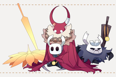 2_horns ambiguous_gender bandage biped black_body black_eyes cloak clothed clothing empty_eyes fur group horn melee_weapon neck_tuft open_mouth red_clothing shield sitting sword trio tuft weapon white_eyes kiri_0861 hollow_knight_(franchise) team_cherry grey_prince_zote_(hollow_knight) markoth_(hollow_knight) the_knight_(hollow_knight) arthropod insect lepidopteran moth vessel_(species) absurd_res hi_res