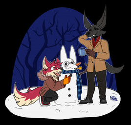 anthro bottomwear carrot_nose clenched_teeth clothed clothing coat container crouching cup duo eyes_closed fangs footwear fur hand_behind_head handwear holding_container holding_cup holding_object inner_ear_fluff jacket male mittens open_mouth pants scarf shoes snow snowman standing tail teeth tongue topwear tuft awoogasm ebony_(awoogasm) vox_(awoogasm) anubian_jackal canid canine canis jackal mammal wolf 2021 hi_res signature