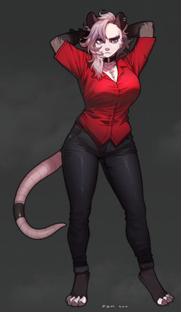 4_toes alternate_species anthro anthrofied barefoot big_breasts bottomwear breasts claws clothing denim denim_bottomwear denim_clothing feet female furrification grey_eyes hair jeans jewelry looking_at_viewer necklace pants purple_hair red_clothing red_shirt red_topwear shirt solo standing toes topwear wide_hips pgm300 helltaker zdrada_(helltaker) american_opossum mammal marsupial 2020 absurd_res digital_media_(artwork) hi_res shaded