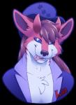 anthro clothed clothing hat headgear headwear looking_at_viewer simple_background solo top_hat konicoon lomas canid canine demon fox mammal 2018 alpha_channel bust_portrait digital_media_(artwork) portrait