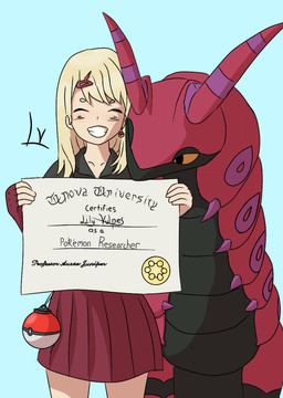 accessory ambiguous_gender antennae_(anatomy) blonde_hair blue_background bottomwear clothed clothing diploma duo eyes_closed female feral hair hair_accessory hairclip holding_diploma holding_object holding_paper light_body light_skin nuzzling paper pokeball simple_background skirt smile standard_pokeball text yellow_eyes lilyvulpes nintendo pokemon arthropod generation_5_pokemon human mammal myriapod pokemon_(species) scolipede absurd_res english_text hi_res