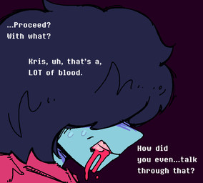 ambiguous_gender biped black_background black_hair blood blood_from_mouth blood_in_mouth blue_body blue_skin bodily_fluids clenched_teeth clothed clothing dialogue hair human_only not_furry offscreen_character shadow_face side_view simple_background snowgrave solo stressed sweat sweatdrop teeth text qwizibo deltarune undertale_(series) kris_dreemurr human mammal 2025 digital_drawing_(artwork) digital_media_(artwork) english_text