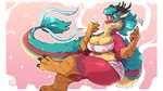 anthro big_breasts biped blue_eyes breasts brown_horn female horn non-mammal_breasts overweight overweight_anthro overweight_female red_body red_scales scales solo yellow_body yellow_scales kavdragun mythology dragon eastern_dragon mythological_creature mythological_scalie scalie 16:9 2024 hi_res widescreen