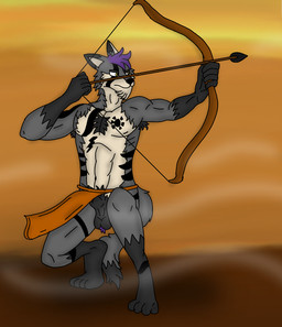 anthro armpit_hair balls body_hair bow_(weapon) fur genitals grey_body grey_fur hair hunting male purple_hair ranged_weapon solo tribal weapon wind nicolasthewolf canid canine canis mammal wolf