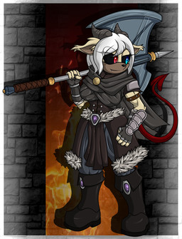 anthro axe biceps black_sclera blue_eyes boots breasts clothed clothing cute_fangs fangs fantasy female footwear heterochromia horn melee_weapon muscular muscular_anthro muscular_female red_eyes shoes smile solo spade_tail tail teeth weapon snowyowlkonnen sega sonic_the_hedgehog_(series) fan_character demon hi_res