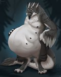 anthro belly big_belly black_nipples black_tongue brown_eyes cheek_tuft facial_tuft fangs feathers featureless_crotch glistening glistening_eyes grey_body grey_feathers hand_on_hip horn huge_belly male multi_nipple neck_tuft nipples open_mouth orange_sclera simple_background solo standing teeth tongue tongue_out tuft white_body white_horn roobin xeronious_(character) 4:5 absurd_res artist_name full-length_portrait hi_res portrait