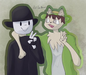 5_fingers anthro black_clothing black_hat black_headwear black_topwear brown_hair clothed clothing duo female fingerless_gloves fingers gesture gloves green_clothing green_topwear hair hand_gesture handwear hat headgear headwear looking_at_another male topwear v_sign white_clothing white_topwear not_for_bread roblox humanoid digital_media_(artwork) hi_res unavailable_at_source