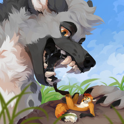 anthro black_claws black_nose black_tongue blue_sky bodily_fluids cheek_tuft chest_tuft claws cloud drooling duo facial_markings facial_tuft fangs fur glistening glistening_eyes grass green_eyes grey_body grey_fur head_markings imminent_oral_vore imminent_vore male markings micro narrowed_eyes nude open_mouth orange_body orange_eyes orange_fur outside plant saliva side_view sky spots spotted_body spotted_fur teeth tongue tuft unsigned white_body white_fur corzh77 chyr_(chyr) josh_(suddenlyjosh) canid canine fox mammal 1:1 absurd_res hi_res