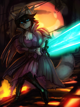 anthro big_breasts blue_eyes breasts brown_hair clothing dress female fur grey_body grey_fur hair hat headgear headwear holding_melee_weapon holding_object holding_sword holding_weapon melee_weapon solo standing sword weapon general-irrelevant bloodborne fromsoftware sony_corporation sony_interactive_entertainment ayame_amaya_tanooki canid canine mammal raccoon_dog tanuki 3:4 digital_media_(artwork) hi_res