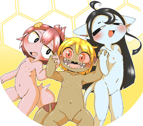 accessory ahoge anthro black_hair blonde_hair blue_body blush breasts brown_body fangs female genitals group hair hair_accessory hairpin hand_holding loli long_hair looking_at_another looking_at_viewer navel nipples nude pattern_background pink_body red_hair simple_background size_difference small_breasts smile teeth trio vulva young young_anthro young_female doneru dima_(doneru) laia_(doneru) tany_(doneru) bamfear unknown_species adult_(lore)