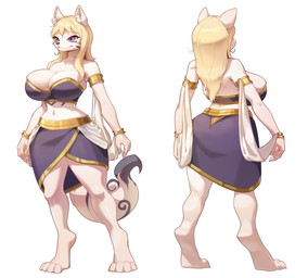 anthro armband big_breasts big_butt blonde_hair bracelet breasts butt clothed clothed_anthro clothed_female clothing digitigrade eyelashes female front_view fur hair huge_breasts inner_ear_fluff jewelry monotone_background multiple_angles navel purple_body purple_eyes purple_fur rear_view simple_background solo standing swirly_tail tuft white_background white_body white_fur wide_hips pata woodawn_(zekeofgods) canid canine canis deity mammal wolf absurd_res hi_res model_sheet