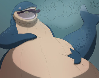 anthro anthro_pred anthro_prey belly big_belly blue_arms blue_body blue_tail burping in_mouth male overweight solo tail vore unknown_artist jay_(questionablesalsa) aquatic baleen_whale blue_whale cetacean mammal whale hi_res