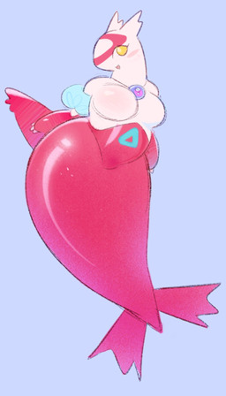 anthro big_breasts blue_background blush blush_stickers breasts female jewelry mega_stone mermaid_tail multicolored_body necklace red_body simple_background solo split_form white_body wide_hips wings yellow_eyes shgrcube nintendo pokemon aquatic generation_3_pokemon hybrid latias legendary_pokemon merfolk pokemon_(species) 2025 hi_res