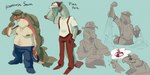 anthro bottomwear clothed clothing duo fin hat headgear headwear life_raft male male/male overweight overweight_anthro overweight_male pants partially_clothed sharp_teeth shirt suspenders tail tail_fin teeth topless topwear smokinlit fish marine pike_(fish) salmon salmonid_(fish) 2:1