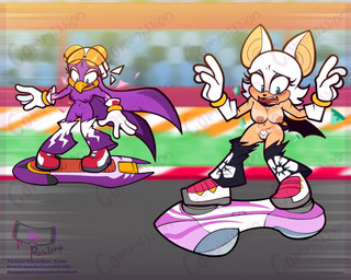 anthro beak big_breasts blue_eyes blush breasts clothing duo eyeshadow eyewear eyewear_on_head female fur genitals gloves green_eyes hair handwear hoverboard kerchief lipstick long_hair makeup membrane_(anatomy) membranous_wings pubes purple_body purple_fur sunglasses sunglasses_on_head tan_body torn_clothing vulva wearing_sunglasses white_body white_fur wings worried_look scarstar sega sonic_riders sonic_the_hedgehog_(series) rouge_the_bat wave_the_swallow avian bat bird hirundinid mammal oscine passerine swallow_(bird) 5:4 alternate_version_at_source hi_res