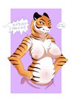 ambiguous_gender ambiguous_species anthro arm_tuft belly big_breasts bouncing_breasts breasts chest_tuft clothed clothing countershading dktorzi english_text facial_markings fangs felid female fur hand_on_hip hand_on_own_hip head_markings hi_res keidran mammal markings matriarch_dahlia mature_anthro mature_female motion_lines neck_tuft nipples offscreen_character orange_body orange_fur pantherine pink_background purple_eyes sabertooth_(anatomy) shoulder_tuft simple_background slightly_chubby slightly_chubby_anthro slightly_chubby_female smug solo striped_arms striped_belly striped_body striped_breasts striped_face striped_fur striped_neck stripes teeth text tiger topless tuft twokinds white_background white_belly white_breasts