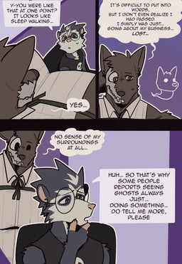3_panel_comic anthro big_muscles big_pecs black_text bone clothed clothing dialogue duo eyebrows eyewear fur glasses huge_pecs male muscular muscular_anthro muscular_male orange_eyes pecs purple_eyes round_glasses skull skull_head speech_bubble text king_slabu adrian_(king_slabu) nolan_(king_slabu) american_opossum canid canine canis domestic_dog mammal marsupial spirit virginia_opossum absurd_res comic digital_media_(artwork) english_text hi_res