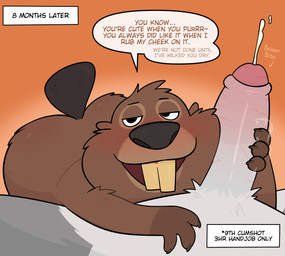 anthro buckteeth female first_person_view forced genitals humanoid_genitalia humanoid_penis interspecies looking_at_viewer male nude penis penis_on_cheek size_difference smaller_female speech_bubble stroking_penis teeth text crushpepper disney zootopia nibbles_maplestick pawbert_lynxley beaver canada_lynx felid feline lynx mammal rodent english_text hi_res