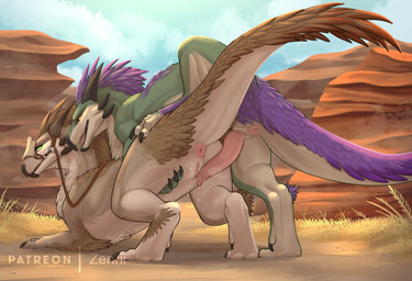animal_genitalia anus beak bodily_fluids brown_body brown_feathers brown_scales butt claws digitigrade duo erection feathers female female_feral feral feral_on_feral finger_claws from_behind_position genital_fluids genital_slit genitals green_body green_eyes green_scales horn imminent_sex intraspecies leaking_precum male male/female male_feral mounting orange_eyes penis precum pupils purple_body purple_feathers scales sex slit_pupils tail toe_claws vaginal_fluids vulva conditional_dnp zenrii capcom monster_hunter bird_wyvern prehistoric_species reptile scalie seikret absurd_res hi_res shaded