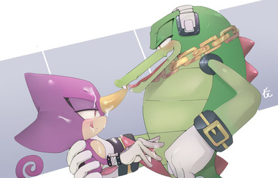 2_penises animal_genitalia animal_penis anthro bedroom_eyes blush bodily_fluids chain clothing cum cum_covered cum_on_chest cum_on_face cum_on_hand curled_tail duo electronics genital_fluids genitals glistening glistening_genitalia glistening_penis gloves gold_(metal) gold_chain green_body handwear headphones hemipenes horn licking licking_lips looking_at_another looking_at_partner male male/male messy multi_genitalia multi_penis narrowed_eyes open_mouth penis pink_penis precum precum_on_penis seductive simple_background size_difference sweat sweatdrop tail tapering_penis teeth tongue tongue_out white_clothing white_gloves white_handwear yellow_eyes futurenova sega sonic_the_hedgehog_(series) espio_the_chameleon vector_the_crocodile chameleon crocodile crocodilian lizard reptile scalie 2021 hi_res signature