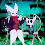 alternate_species anthro beverage big_forearms black_body black_eyes black_skin breasts cloak clothed clothing duo empty_eyes featureless_feet featureless_hands feet female forearms inner_ear_fluff legwear mitten_hands mouthless size_difference thick_thighs thigh_highs tuft wide_hips damianvertigo hollow_knight team_cherry hornet_(hollow_knight) hornyan the_knight_(hollow_knight) domestic_cat felid feline felis mammal vessel_(species) 1:1 2019 hi_res