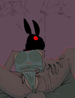 anthro clothing creepy_face female fingering fingering_self looking_at_viewer lube male masturbation penetration presenting swimwear thought_bubble vaginal vaginal_penetration anonymous_artist lagomorph mammal dark_theme hi_res sketch