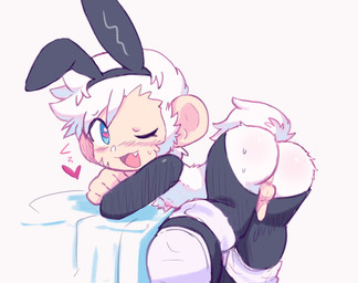 anthro blue_eyes blush butt clothing costume fake_ears fake_rabbit_ears flaccid foreskin fur genitals hair heart_eyes heart_symbol humanoid_genitalia humanoid_penis male one_eye_closed penis presenting presenting_hindquarters reverse_bunny_costume solo tail white_body white_fur white_hair wink young young_anthro young_male calibro18 ape_escape sony_corporation sony_interactive_entertainment kuuta_(ape_escape) haplorhine mammal monkey primate 2024