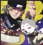 blush bodily_fluids brown_hair clothing collar drooling duo hair hat headgear headwear male red_eyes saliva unknown_artist atlus megami_tensei megami_tensei_persona persona_(series) persona_3 sega koromaru shinjiro_aragaki canid canine canis domestic_dog human mammal shiba_inu spitz