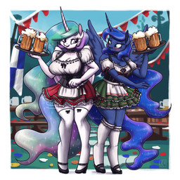 absolute_territory alcohol anthro barmaid beer beer_mug beverage big_breasts blue_body blue_hair blush bodice breasts butt_bump cleavage clothed clothing detailed_background dirndl duo female footwear hair high_heels holding_tray holidays hooves horn knee_highs knee_socks legwear long_hair mini_dirndl multicolored_hair outside purple_eyes rainbow_hair shoes socks sparkles sparkling_hair stockings teal_eyes thigh_highs unguligrade white_body wings king-kakapo friendship_is_magic hasbro my_little_pony mythology oktoberfest princess_celestia_(mlp) princess_luna_(mlp) equid equine mammal mythological_creature mythological_equine winged_unicorn 1:1 2019 absurd_res hi_res sibling_(lore) sister_(lore) sisters_(lore)