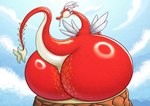 big_butt bottom_heavy butt facial_hair feral hair hooked_tail large_size long_neck long_tail looking_back male mountain rear_view red_body red_scales scales sitting sky solo tail tan_underbelly white_hair wings yellow_eyes vetoknox mythology nintendo the_legend_of_zelda wind_waker valoo dragon mythological_creature mythological_scalie scalie hi_res
