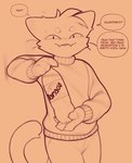 anthro beverage biped clothed clothing fur hair holding_beverage holding_object looking_at_viewer male solo tail text k1ko k1ko_(character) domestic_cat felid feline felis mammal english_text hi_res