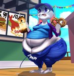 anthro belly belly_overhang beverage big_belly big_butt black_eyebrows blue_bottomwear blue_clothing blue_jeans blue_pants blue_shirt blue_topwear bottomwear breasts buckteeth butt button_(fastener) button_pop clothed clothing cloud container cup deep_navel denim denim_bottomwear denim_clothing dialogue exposed_belly eyebrows eyelashes female food grey_body grey_ears hat headgear headwear holding_beverage holding_container holding_cup holding_food holding_object huge_belly huge_butt huge_thighs jeans navel obese obese_anthro obese_female onomatopoeia open_bottomwear open_clothing open_jeans open_mouth open_pants outside overweight overweight_anthro overweight_female pants pink_inner_ear pink_nose pink_tongue pop_(sound_effect) pretzel_(food) purple_clothing purple_eyes purple_hat purple_headwear red_mouth shirt sky solo sound_effects teeth text thick_thighs tight_clothing tongue topwear wardrobe_malfunction weight_gain muldithekobold disney zootopia judy_hopps lagomorph leporid mammal rabbit 2024 absurd_res colored digital_media_(artwork) english_text hi_res shaded