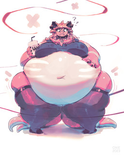 4_fingers 4_horns anthro bar_emanata belly belly_overhang beverage big_belly big_breasts biped breasts claws clothing collar container cup cute_fangs deep_navel disposable_cup emanata facial_piercing fangs female female_anthro finger_claws fingers fluffy fluffy_mane fluffy_tail fur hand_on_own_belly holding_beverage holding_object horn huge_belly huge_thighs legwear mane morbidly_obese morbidly_obese_anthro morbidly_obese_female multi_horn navel nose_piercing nose_ring obese obese_anthro obese_female overweight overweight_anthro overweight_female piercing pigeon_toed question_mark red_body red_emanata red_fur red_mane red_tail ring_piercing skindentation solo standing tail teeth thick_thighs thigh_highs tight_clothing wide_hipped_anthro wide_hipped_female wide_hips miluinaoxie mythology wcdonald's amby_(weirdfluffyderg) dragon furred_dragon furred_scalie mythological_creature mythological_scalie scalie 2023 absurd_res colored digital_media_(artwork) digital_painting_(artwork) hi_res painting_(artwork) shaded