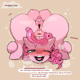 anus backbend balled_up bodily_fluids butt contortionism crotch_breasts dialogue drooling equine_anus eyelashes female feral flexible genitals heart_eyes heart_symbol looking_at_viewer nipples puffy_anus pupils quadruped saliva simple_background smile solo speech_bubble tail teats text thick_thighs vulva cold-blooded-twilight friendship_is_magic hasbro my_little_pony pinkie_pie_(mlp) equid equine mammal 1:1 2025 english_text hi_res
