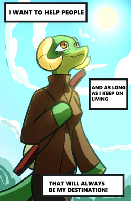 anthro clothed clothing female horn melee_weapon solo sword tail text weapon yellow_eyes brradett lernie_(brradett) scalie absurd_res colored comic digital_media_(artwork) english_text hi_res