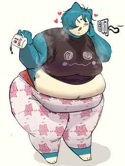anthro barefoot belly beverage big_belly big_breasts biped blue_body blue_fur blue_hair bodily_fluids breasts clothing coffee container cup double_chin drooling eyes_always_closed eyes_closed feet female fur hair heart_symbol holding_container holding_cup holding_mug holding_object leggings legwear mug musk navel obese obese_anthro obese_female open_mouth open_smile overweight overweight_anthro overweight_female panty_peek pattern_clothing pattern_leggings pattern_legwear pokemorph saliva scratching_head shirt short_hair simple_background smile solo standing text text_on_mug thick_thighs topwear undersized_clothing undersized_topwear white_background wide_hips yawn tongxuemian nintendo pokemon generation_1_pokemon mammal pokemon_(species) snorlax 2025 absurd_res digital_drawing_(artwork) digital_media_(artwork) english_text full-length_portrait hi_res korean_text portrait