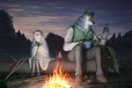 5_fingers anthro backpack bedding black_nose blanket bottomwear campfire clothed clothed_anthro clothed_female clothed_male clothing crutch duo female fingers footwear forest fur grey_body grey_fur humanoid_hands log male medical_instrument nature on_log outside pants plant scientific_instrument shirt shoes sitting sitting_on_log smile tail topwear tree vest white_body white_fur white_wool wood wool_(fur) mr.solar holly_(mr.solar) voldon_(mr.solar) bovid canid canine canis caprine mammal sheep wolf 3:2 hi_res signature