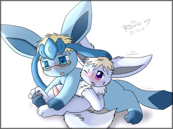 ambiguous_gender blonde_hair blue_eyes blush bodily_fluids cum duo erection eyewear feral genital_fluids genitals glasses hair male one_eye_closed open_mouth pawpads paws penis pince-nez purple_eyes rectangular_glasses simple_background tongue tongue_out white_background route9 nintendo pokemon canid canine eevee eeveelution generation_1_pokemon generation_4_pokemon glaceon mammal pokemon_(species) shiny_pokemon 2010 signature