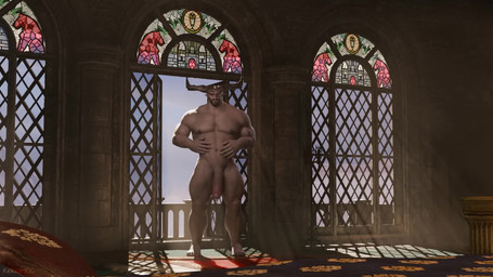 2_horns abdominal_scar abs balls beard bedroom biceps big_penis black_hair carpet eye_patch eyewear facial_hair floppy_penis genitals gesture grey_body grey_skin hair hand_gesture heart_gesture horn looking_at_viewer male muscular muscular_humanoid muscular_male navel nude pecs penis pointing pointing_at_penis rubbing_chest scar smile solo spread_arms window kekkancg voluox_(modeler) bioware dragon_age electronic_arts iron_bull humanoid qunari 16:9 2025 3d_(artwork) 3d_animation animated digital_media_(artwork) hi_res no_sound short_playtime webm widescreen