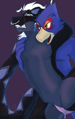 anthro anthro_on_anthro anthro_penetrated anthro_penetrating anthro_penetrating_anthro biped black_body blue_body blush bodily_fluids clothing curvy_figure drooling duo fangs female female_penetrated flat_chested from_behind_position fur hair inner_ear_fluff intraspecies male male/female male_penetrating male_penetrating_female moan nude nude_anthro nude_female nude_male open_mouth penetration saliva sex sharp_teeth side_view simple_background slim slim_anthro slim_male sweat swimwear teeth tongue tongue_out tuft aero_moon_ad mythology nintendo star_fox falco_lombardi avian bird dragon mythological_creature mythological_scalie scalie hi_res