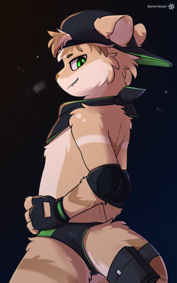 accessory adolescent anthro backwards_baseball_cap backwards_hat bag baseball_cap briefs clothing cute_fangs elbow_pads eyebrows fangs fingerless_gloves fluffy fur furgonomic_headwear furgonomics gloves gradient_background green_eyes handwear hat headgear headwear kemono kerchief looking_at_viewer looking_back looking_back_at_viewer male multicolored_body multicolored_fur neckerchief neckwear pose simple_background smug solo speedo swimwear tail tail_accessory tail_bag teeth two_tone_body two_tone_fur underwear young young_anthro young_male snowybark adrian_(snowstormbat) mammal mustelid otter 5:8 absurd_res hi_res pinup adult_(lore)
