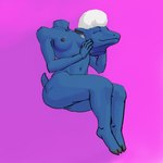 abstract_background anthro black_nipples blue_body blue_skin breasts detachable detachable_head eyes_closed female hair headless holding_head hooves nipples nude sitting smile solo tail white_hair tetramelly bovid caprine mammal sheep 1:1