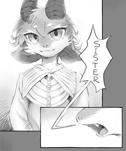 anthro clothing countershade_torso countershading duo female fur horn looking_at_viewer smile speech_bubble text white_body white_clothing white_countershading huntings mythology red_the_explorer dragon furred_dragon furred_scalie mythological_creature mythological_scalie scalie 5:6 absurd_res english_text hi_res monochrome