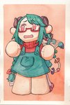beads biped bodily_fluids braided_hair chibi clothing curled_horn eyewear footwear glasses green_hair hair hiding horn mascot_costume overall_dress red_eyes red_eyewear red_glasses solo spiral_eyes standing sweat sweater tag_(sewing) tail tail_beads tail_motion tail_tuft tailwag topwear tuft turtleneck wavy_mouth wearing_glasses chimeracauldron crocs humanoid species_request hi_res
