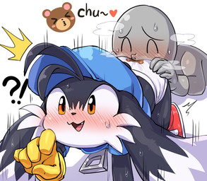 ahoge all_fours anthro ass_up black_body black_fur blush bodily_fluids butt butt_grab butt_sniffing cheek_tuft clothed clothed_sex clothing countershade_face countershading cute_fangs dipstick_ears duo ear_markings emoji facial_tuft fangs footwear fur gloves grey_body hair hand_on_butt handwear hat headgear headwear heart_symbol interrobang long_ears male male/male multicolored_ears orange_eyes red_clothing red_footwear red_shoes sex shoes simple_background sniffing steam surprise_kiss surprise_sex surprised sweat teeth text tuft underwear white_background white_body white_countershading yellow_clothing yellow_gloves yellow_handwear young young_anthro zipper hanuvo bandai_namco klonoa_(series) klonoa domestic_cat felid feline felis human mammal 2020 english_text