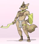 accessory anthro armor blue_eyes bottomwear bracelet bulge canid canine canis clothing fur furgonomics hi_res jack_(jackwolf) jewelry khopesh leather leather_armor loincloth male mammal mask melee_weapon mostly_nude ring shield solo sword tail tail_accessory tail_jewelry tail_ring tan_body tan_fur weapon wolf zinnick