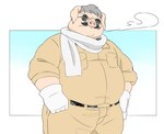 anthro belly big_belly bottomwear clothing eyewear humanoid_hands kemono male overweight overweight_male pants scarf shirt solo sunglasses topwear inunoshippo porco_rosso porco_rosso_(character) domestic_pig mammal suid suine sus_(pig) 2022 hi_res