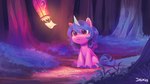 blue_hair female feral forest fur hair hooves horn lamp lantern letter pink_body pink_fur plant purple_eyes sitting solo tree young imalou hasbro mlp_g5 my_little_pony mythology izzy_moonbow_(mlp) equid equine mammal mythological_creature mythological_equine unicorn 16:9 hi_res widescreen