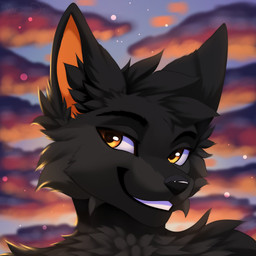 anthro black_body black_fur blurred_background fur male neck_tuft sky skyscape smile solo sunset teeth_showing tuft yellow_eyes syronica canid canine mammal 1:1 headshot_portrait hi_res portrait